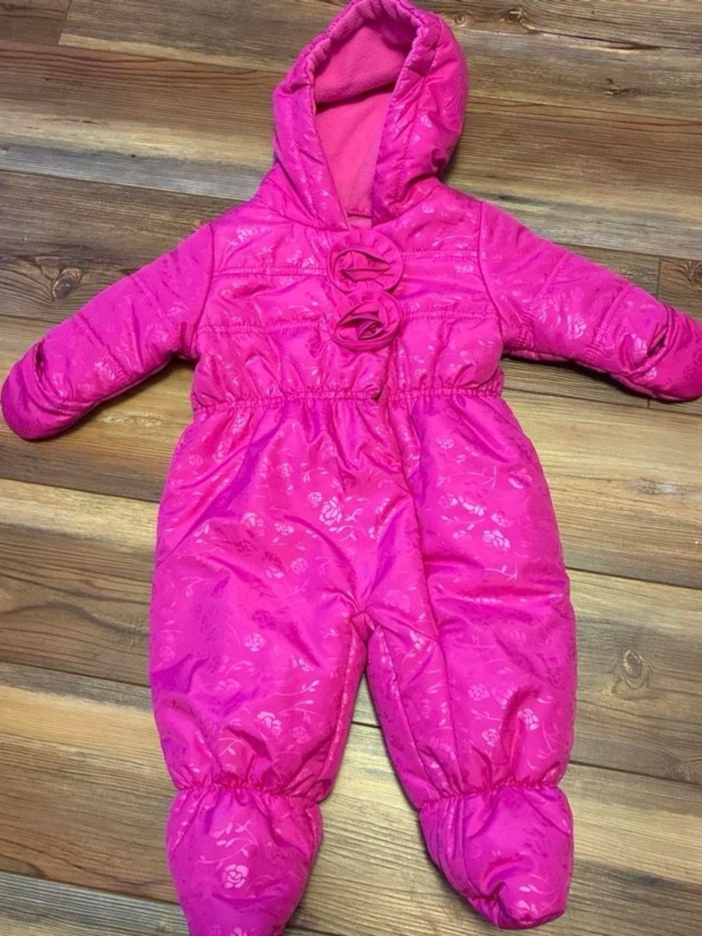 Rothschild Hot Pink Hooded Baby Snowsuit with Floral Accents